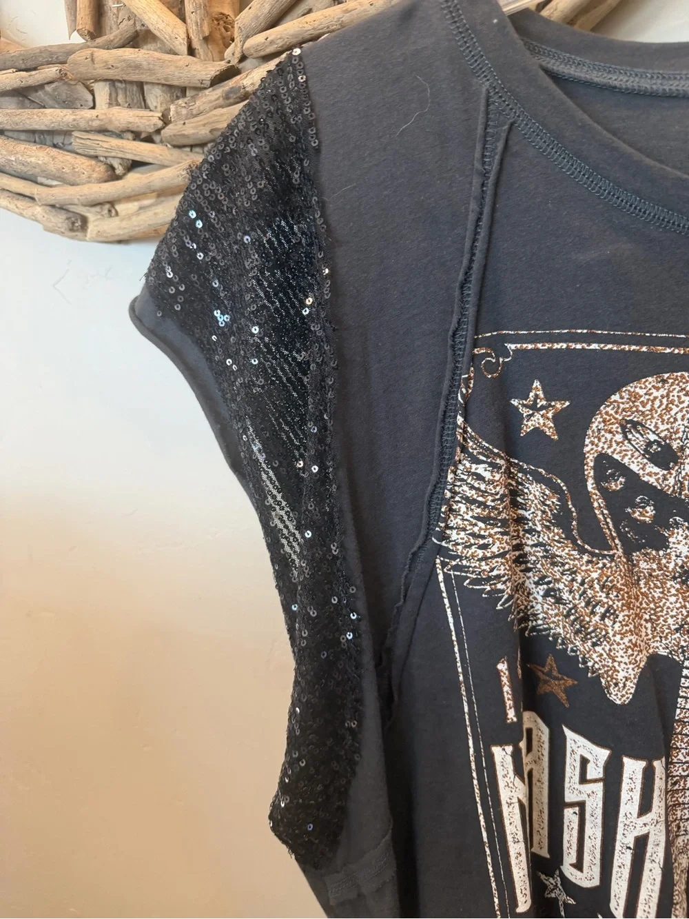 Vintage-Style Kids Black Sequin Sleeve Graphic Tee